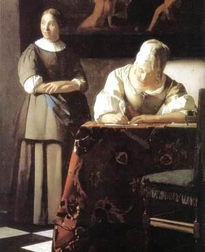 Jan Vermeer Van Delft - Lady Writing a Letter with Her Maid (detail-2) c. 1670